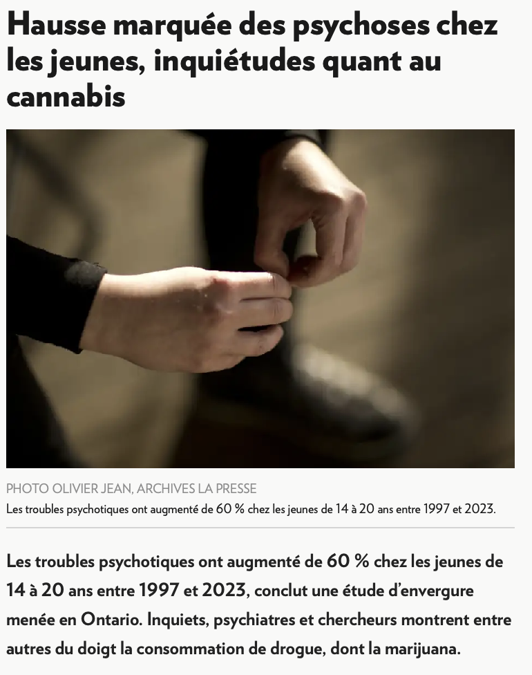 Réponse à l'article de La Presse: HAUSSE MARQUÉE DES PSYCHOSES CHEZ LES JEUNES, INQUIÉTUDES QUANT AU CANNABIS PAR LOUISE LEDUC